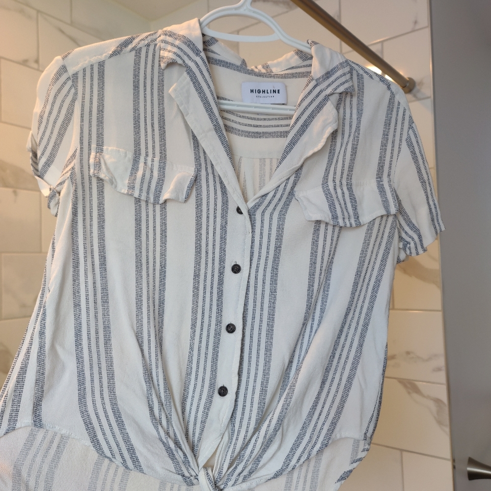 Short sleeve button down tie front blouse